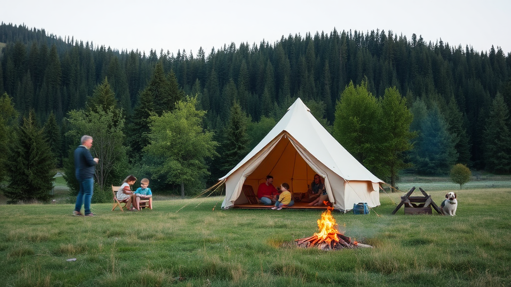 Ein Familienzelt steht auf einer malerischen Wiese umgeben von Bäumen und einer fernen Berglandschaft. Kinder spielen in der Nähe, während Erwachsene am Lagerfeuer sitzen. Der klare Himmel und die Natur schaffen eine einladende, entspannte Atmosphäre für das Zeltcamping-Erlebnis.