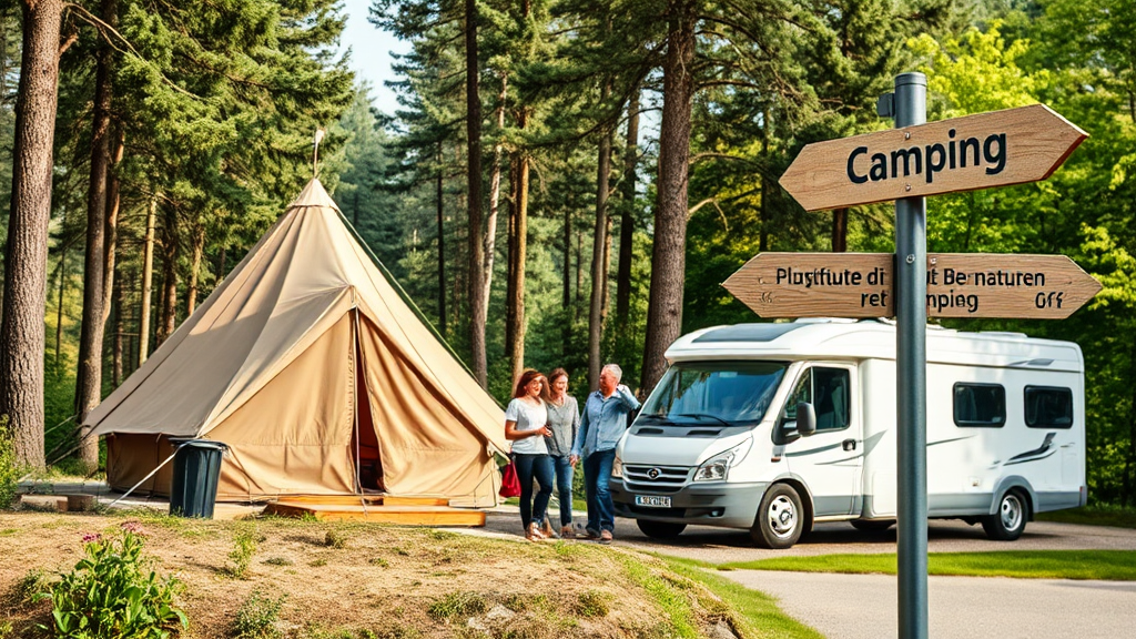 Ein Bild zeigt verschiedene Campingarten: ein Zelt in einer malerischen Waldlandschaft und ein Wohnmobil auf einem Campingplatz. Im Hintergrund sind glückliche Familien zu sehen, die die Natur genießen. Ein Wegweiser mit verschiedenen Campingoptionen symbolisiert die individuelle Wahl und Flexibilität beim Camping.