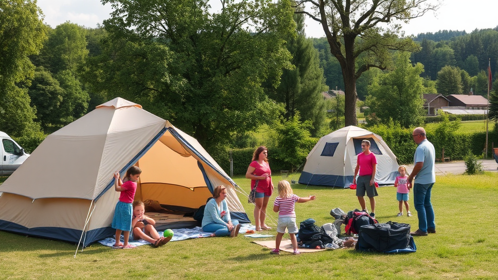 Ein entspannter Campingplatz in Österreich zeigt Familien beim Zeltaufbau. Kinder spielen im Freien, während Erwachsene Equipment organisieren. Im Hintergrund sind Bäume und eine Wiese, die einladende Naturkulisse bieten.