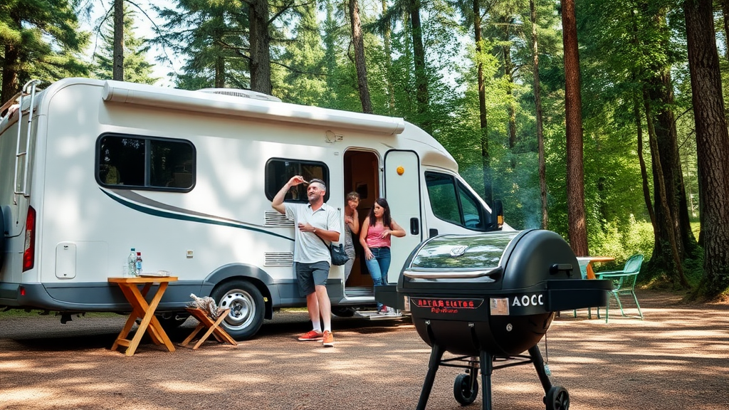 Ein Wohnwagen auf einem Campingplatz steht umgeben von Bäumen und Natur. Familienmitglieder genießen die Annehmlichkeiten, während ein Grill im Vordergrund steht. Das Bild vermittelt Komfort und Geselligkeit beim Wohnwagen-Camping.