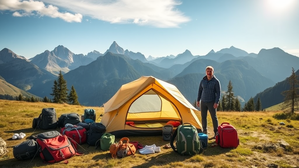 Ein idyllisches Camping-Szenario in den österreichischen Bergen, das ein gut vorbereitetes Zeltlager zeigt. Im Vordergrund steht ein aufgestelltes Kuppelzelt, umgeben von Rucksäcken und Campingausrüstung. Im Hintergrund sind herrliche Berglandschaften und ein klarer Himmel zu sehen. Eine Packliste und ein freundliches Paar, das gemeinsam Ausrüstung sortiert, vermittelt die Vorfreude auf den Campingurlaub.