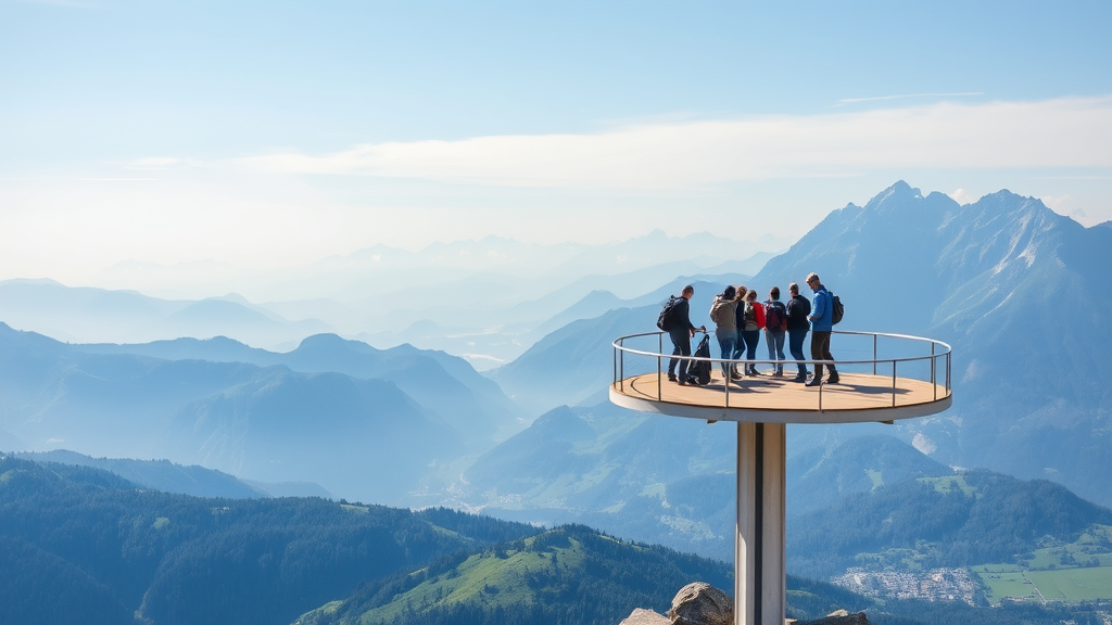 Ein Bild zeigt die atemberaubende Aussicht von einem der Aussichtspunkte in Innsbruck, mit der Nordkette im Hintergrund. Im Vordergrund stehen Wanderer auf einer Aussichtsplattform, umgeben von grünen Bergen und einem blauen Himmel.