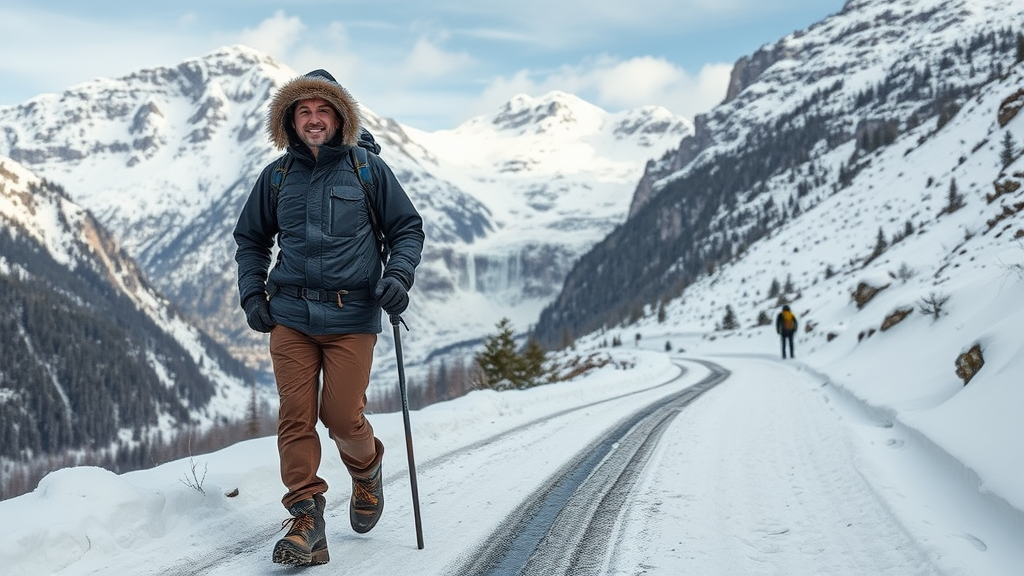 Ein Winterwanderer auf einem schneebedeckten Weg im Stubaital, umgeben von majestätischen Bergen. Die gut ausgeschilderte Route führt zur Milderaunalm, während der Grawa-Wasserfall im Hintergrund sichtbar ist. Der Wanderer trägt warme, wetterfeste Kleidung und robusten Schuhe, bereit für ein unvergessliches Naturerlebnis.