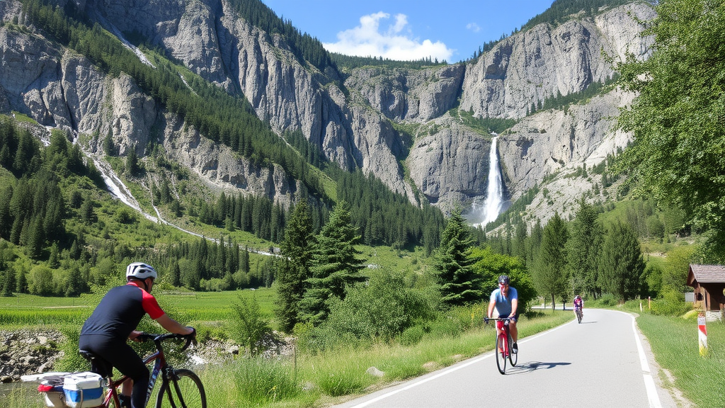 Eine malerische Landschaft entlang des Innradwegs zeigt majestätische Felsformationen und den Lötzer Wasserfall in der Zammer Lochputz-Klamm. Radfahrer genießen die Natur, während Familien die Schönheit der Rosengartenschlucht erkunden.