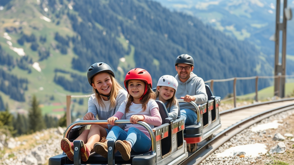 Familien genießen einen aufregenden Tag auf einer Sommerrodelbahn in Innsbruck Land, umgeben von malerischen Alpenlandschaften. Kinder und Erwachsene rasen die kurvenreiche Bahn hinunter, während die Landschaft spektakuläre Ausblicke bietet. Sicherheitsausrüstung wie Helme sind sichtbar.