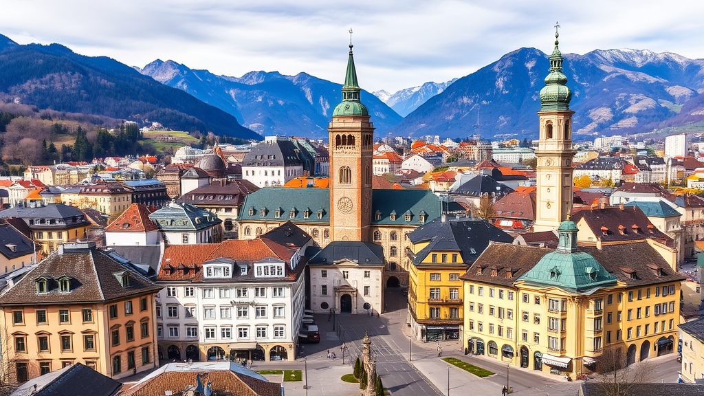 Ein Panorama von Innsbruck zeigt die Altstadt mit dem Goldenen Dachl, der Maria-Theresien-Straße und dem beeindruckenden Stadtturm. Historische Gebäude umgeben lebhafte Plätze. Im Hintergrund sind die umliegenden Berge zu sehen, die die malerische Kulisse der Stadt ergänzen.