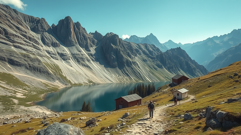 Eine malerische Berglandschaft zeigt einen klaren Bergsee umgeben von hohen Gipfeln. Wanderer sind auf einem markierten Pfad unterwegs, während eine Hütte in der Nähe sichtbar ist. Die Szene vermittelt eine ruhige, naturnahe Atmosphäre mit sonnigem Wetter.