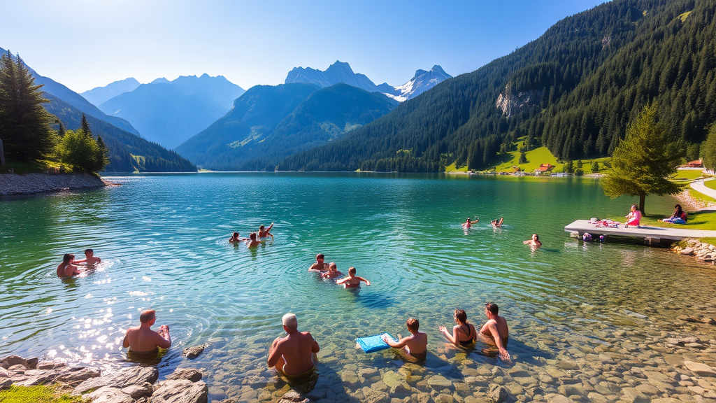 Ein malerischer Bergsee in Innsbruck, umgeben von grünen Wäldern und majestätischen Bergen. Menschen genießen das Baden im klaren Wasser, während andere entspannte Picknicks am Ufer machen. Familien mit Kindern spielen im seichten Wasser, und Wanderer sind auf einem nahegelegenen Pfad zu sehen. Ein sonniger, blauer Himmel vollendet die idyllische Szene.