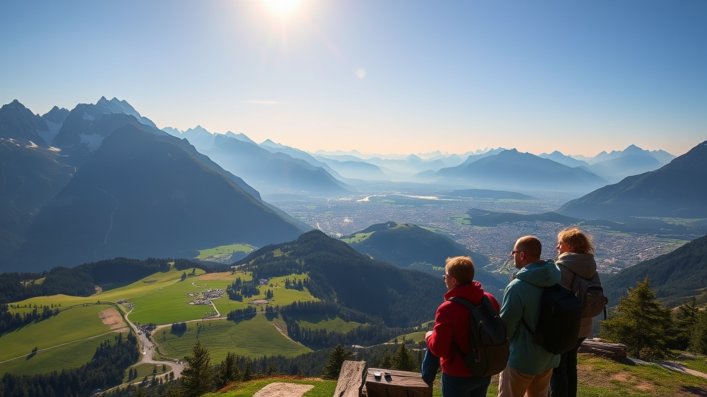 Ein weiter Panoramablick über die Alpenlandschaft von Innsbruck zeigt majestätische Berge, grüne Täler und die Stadt Innsbruck im Hintergrund. Sonnenlicht taucht die Szene in warmes Licht, während sich Wanderer auf einem Aussichtspunkt entspannen und die beeindruckende Natur genießen.