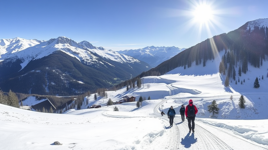 Ein malerisches Winterpanorama im Stubaital zeigt schneebedeckte Berge und sanfte Hügel. Wanderer nutzen eine geräumige Route, während im Hintergrund die Franz-Senn-Hütte und glitzernde Wasserfälle sichtbar sind. Die klare Luft und blauer Himmel unterstreichen die Schönheit der winterlichen Landschaft, ideal für Abenteuer und Genuss.